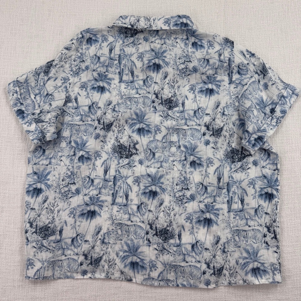 Rachel Zoe 100% Linen Blue White Toile Jungle Print Button Down Women's Large - Picture 7 of 9